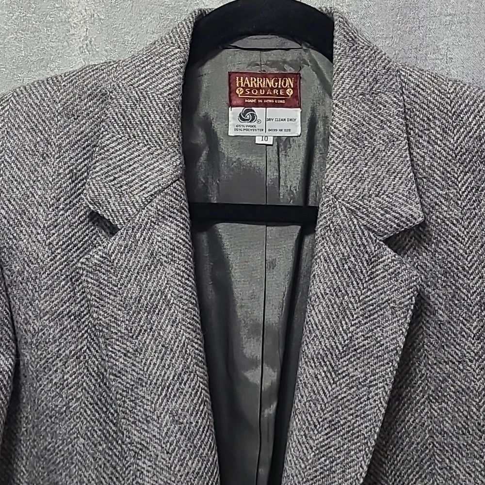 Vtg Harrington Square‎ Herringbone Tweed Wool Blend Blazer 10 Hong Kong